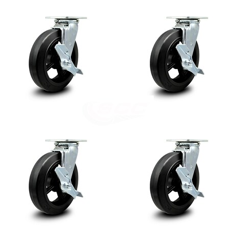 Service Caster 8 Inch Rubber on Steel Swivel Caster Set with Ball Bearings and Brakes SCC SCC-30CS820-RSB-TLB-4